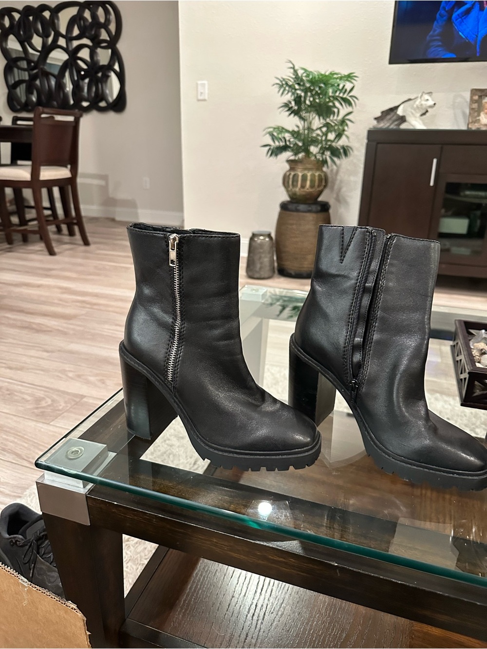 Chelsea & Violet Black Leather Block Heel Ankle Boots with Side Zips